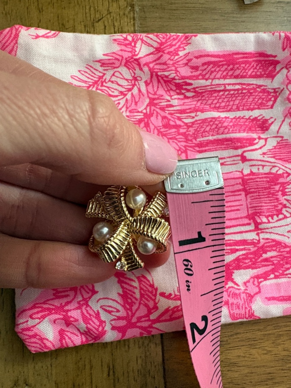 Lilly Pulitzer Pink Palm Gold Floral Clip Earrings with Pearls- New